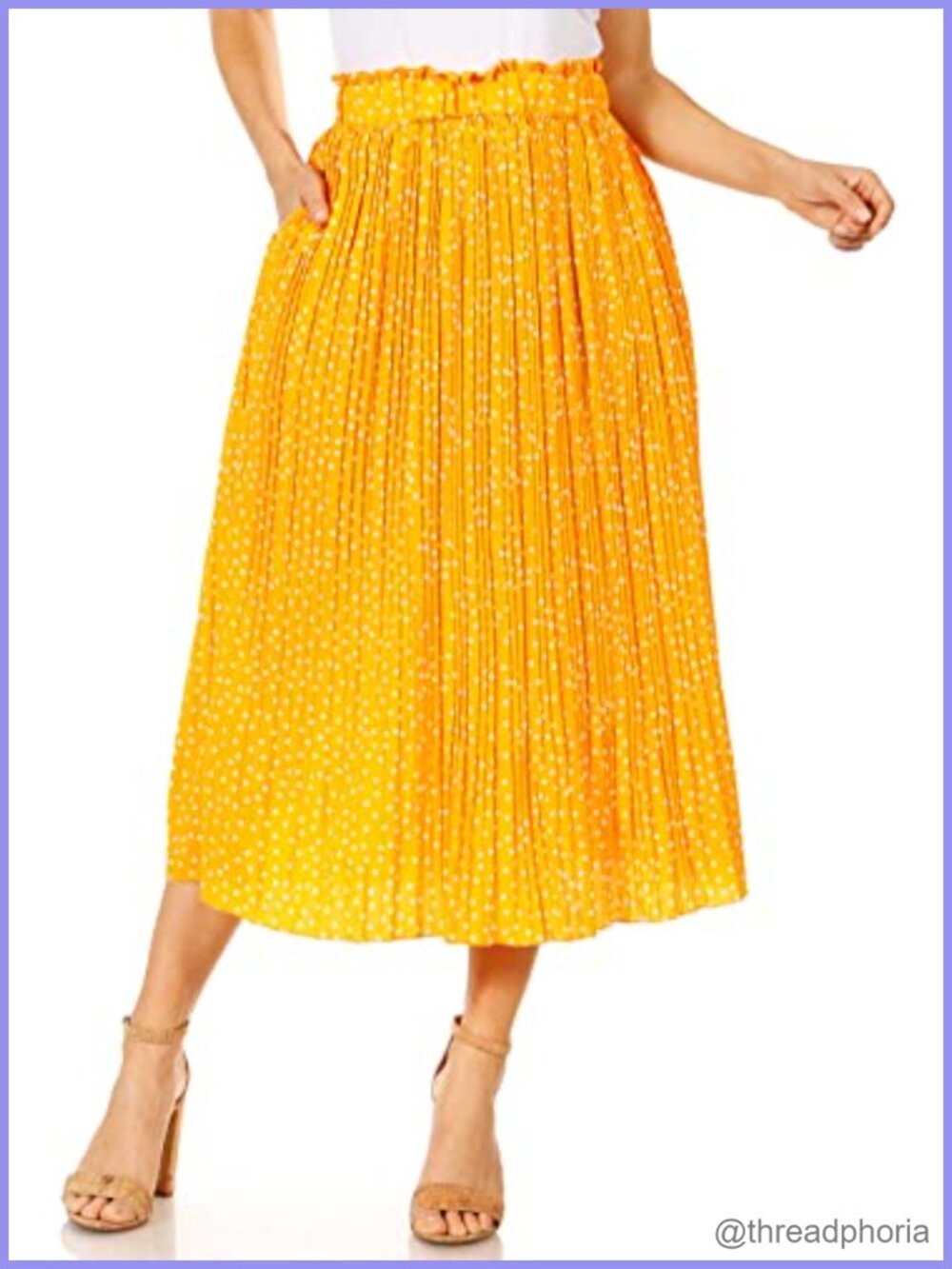 Pleated Midi Skirt High Waisted Elastic A-Line with Pockets